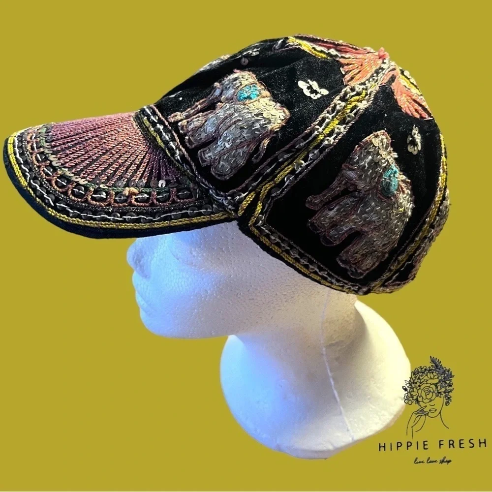 Embroidered Elephant Black Cap